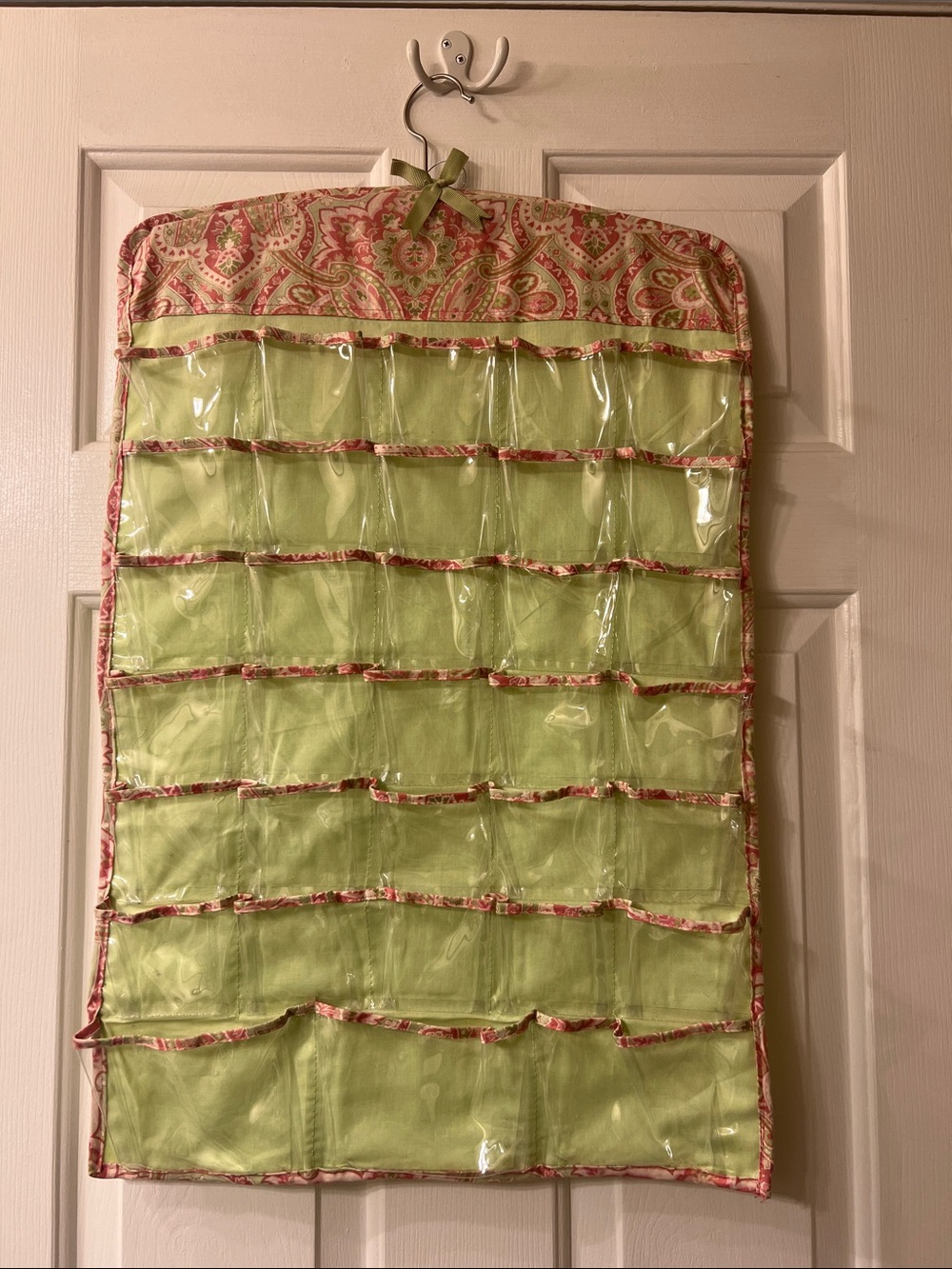 Hanging Jewelry Pocket Organizer in Light Green with Paisley Trim